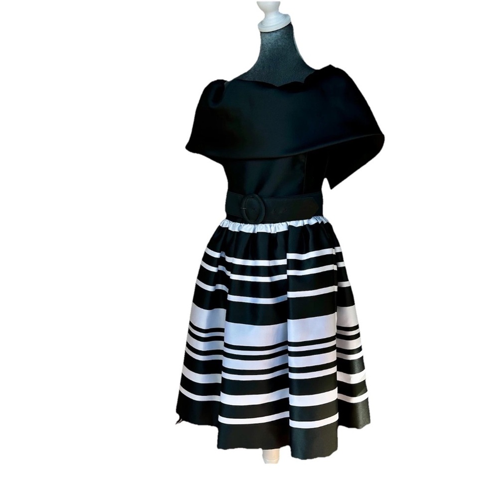 Vintage ALBERT NIPON Off Shoulder Dress Size 14 Cocktail White Black Stripes